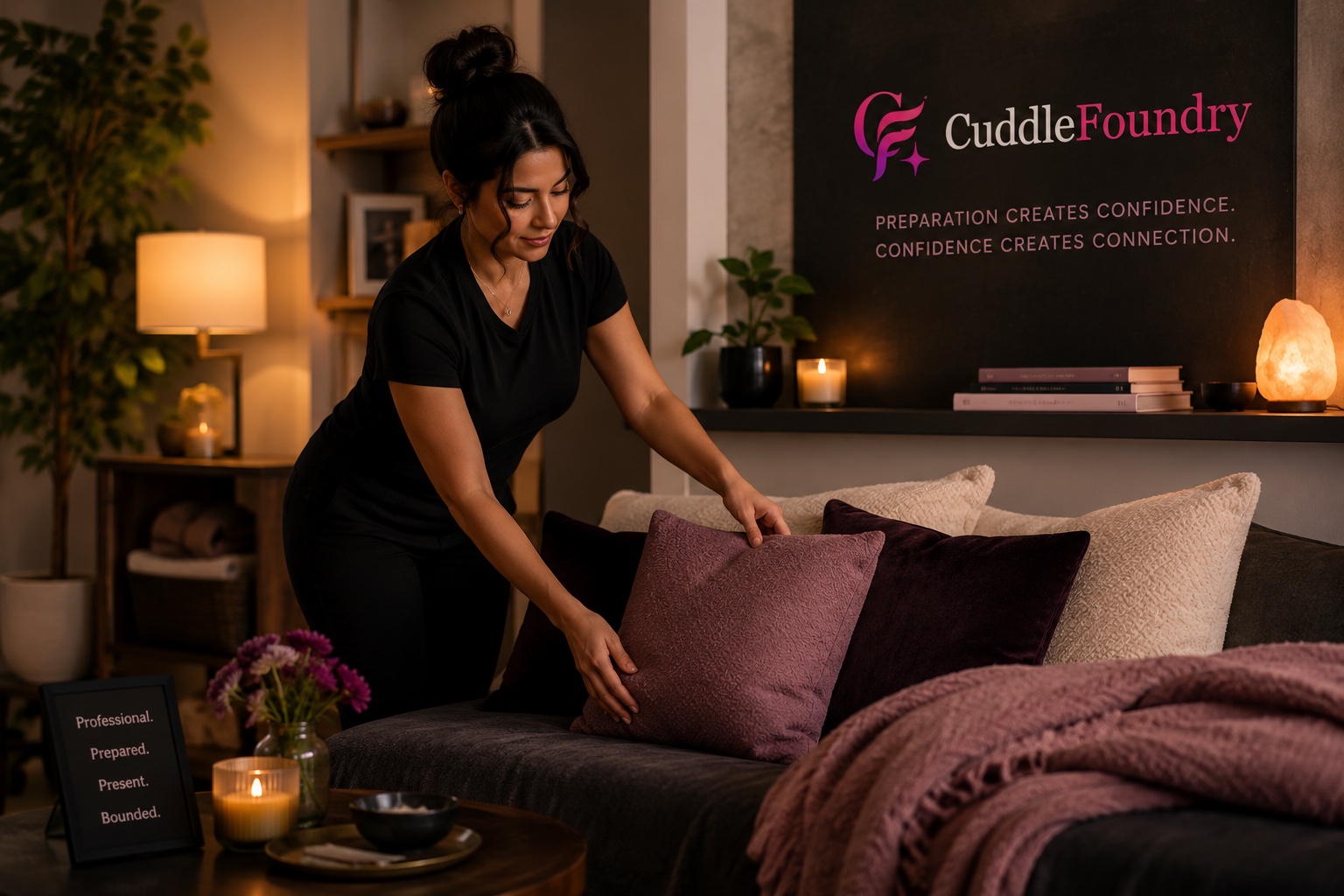 A professional preparing a warm, polished CuddleFoundry session space