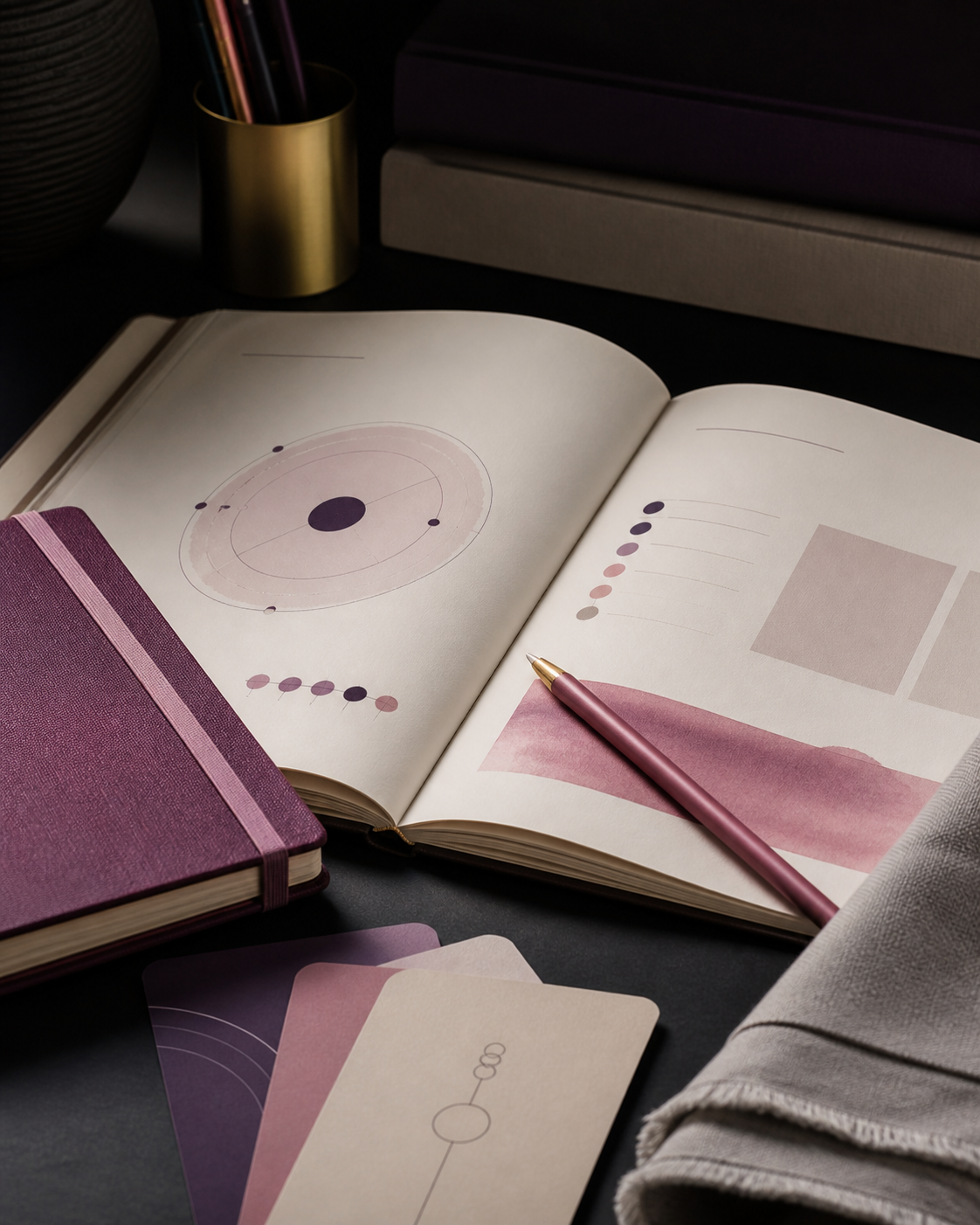 An elegant open workbook, notebook, pencil, and learning cards in CuddleFoundry colors
